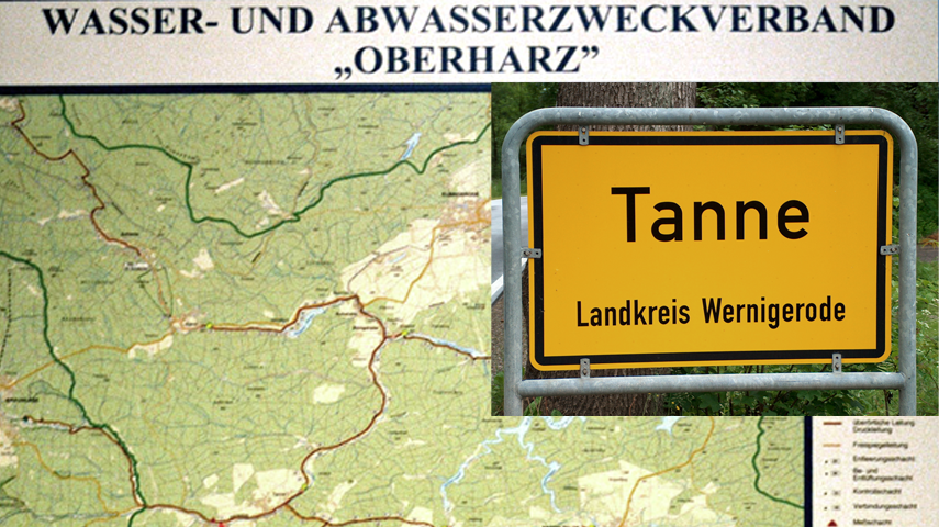 Lageplan und Ortsschild Tanne/ Harz