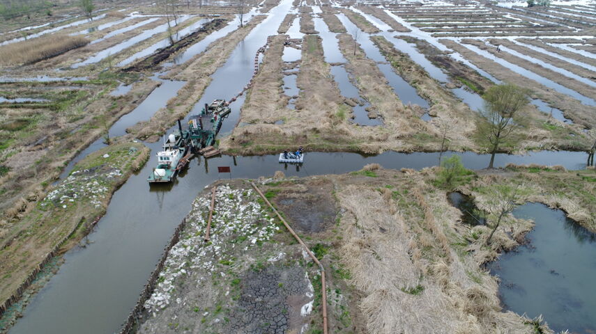 Blick auf Arbeitsboote im Wetland - man erkennt die Struktur der künstlichen Agrarfläche