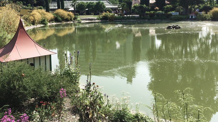 Blick auf einen kleinen Teich in der barocken Gartenanlage des Ludwigsburger Schlosses - man sieht die Blasenspur auf der Oberfläche. Im Vordergrund sieht man ein Entenhäuschen, das als Umhausung dient.